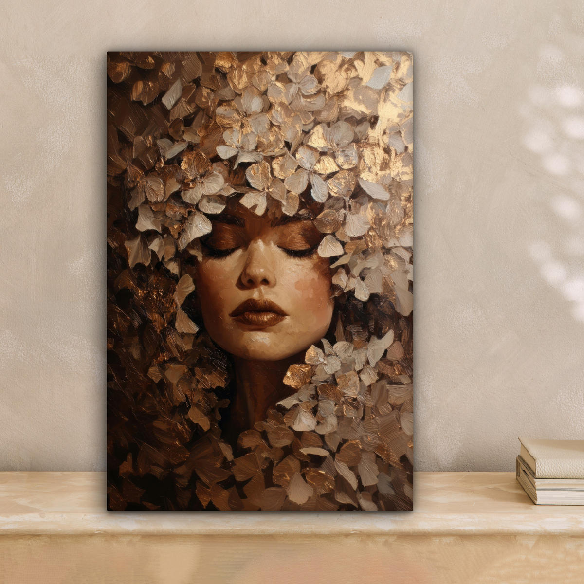 LEINWANDBILD Gesicht - Dame - Blätter - Pinselstriche Deko Wohnzimmer 20x30 cm - Goldfarben, Textil (20/30cm) - MuchoWow