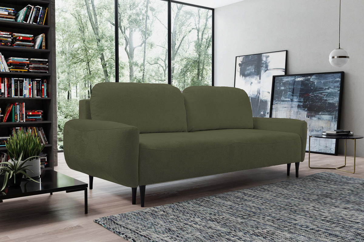 SOFA BOHO Mit Schlaffunktion Und Bettkasten, Wellenfederung, PUR-Schaum, Holzfüße, lose Rückenkissen, freistehend, 244x102x92 cm Olive green - Olivgrün, Holz/Textil (244/92/102cm) - DomoHome