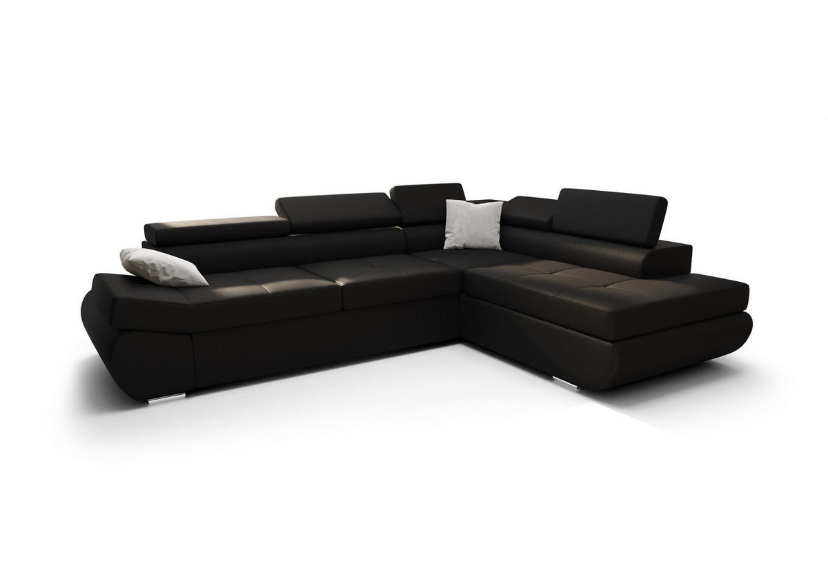 ECKSOFA KONGO RBN03, Eckcouch in L-Form mit Schlaffunktion, Farbe: Schwarz, Kunstleder, Ottomane Rechts - Schwarz, Textil (280/200cm) - O-Sofa