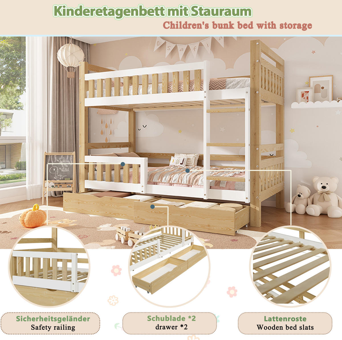 ETAGENBETT aus Holz 90x200 cm Weiß/Natur teilbar in 2 Einzelbetten mit Schubladen - Weiß, Holz (90/200cm) - Modfu