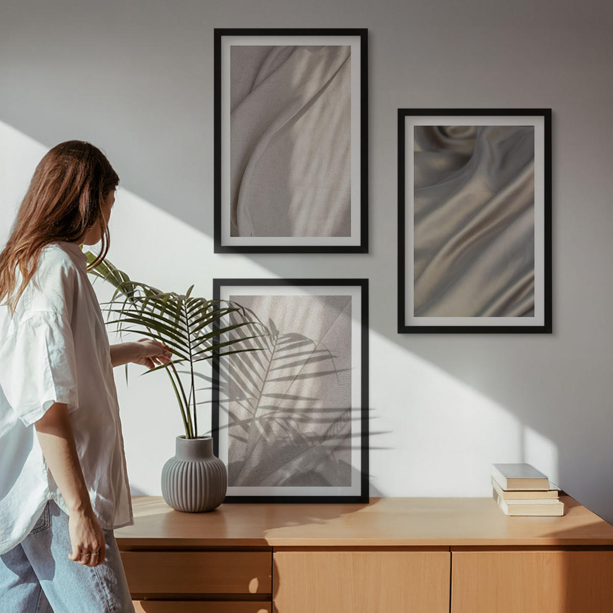 WANDBILDER 3er-Set - 40x60 cm Schwarzer Rahmen - Nahaufnahme von natürlichen Boho-Stoffen - Schwarz, Kunststoff (40/60cm) - ArtPrintCave