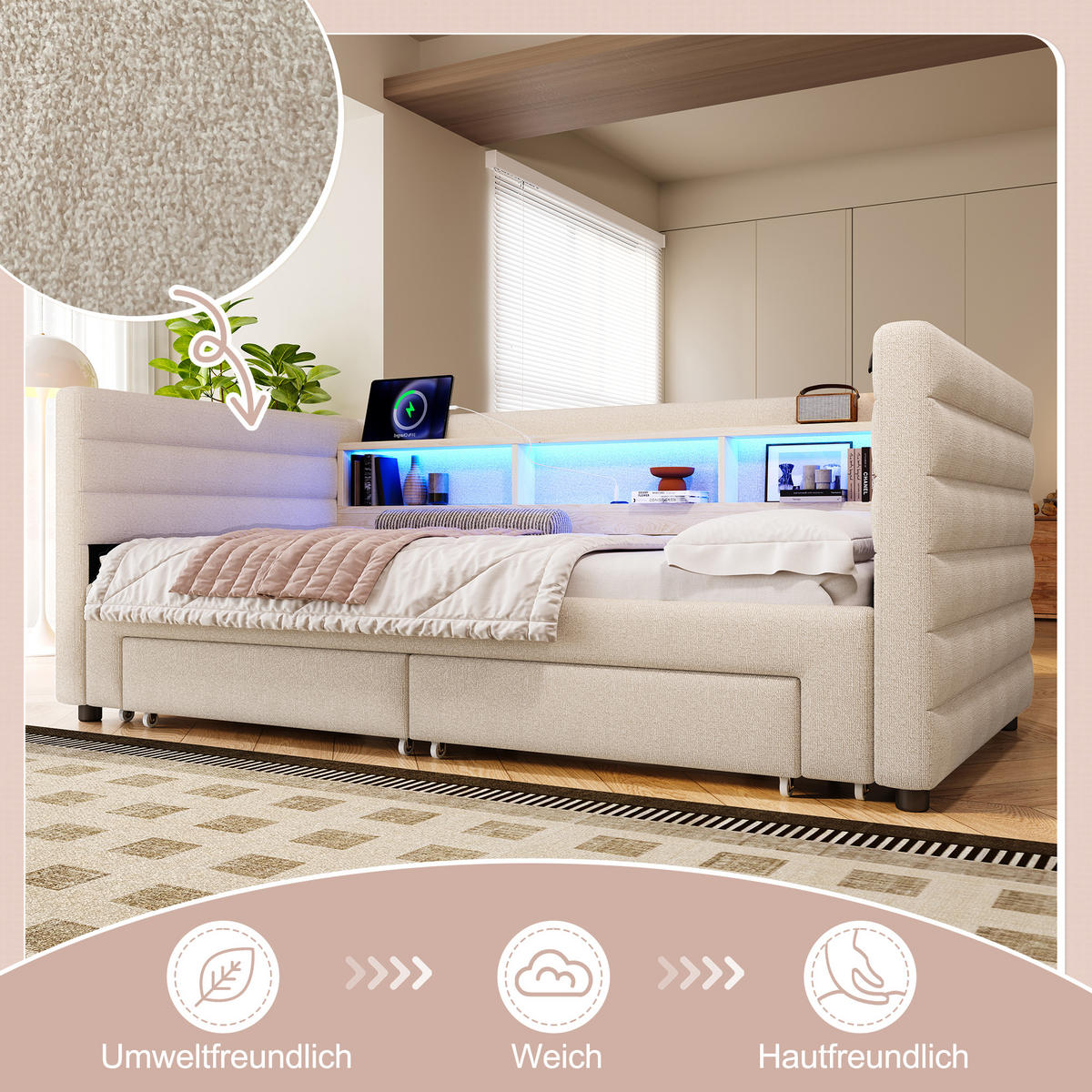 TAGEBETT 90x190cm Beige Samt Ausziehbett 2 Schubladen USB-C LED-Licht - Beige, Holz (90/190cm) - FLIEKS