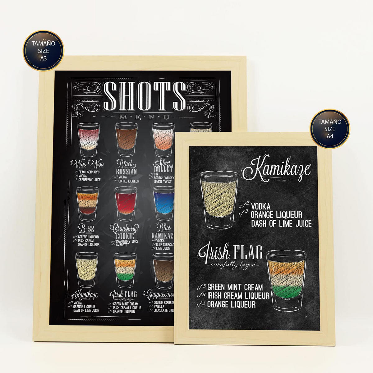 POSTER Set Mit 6 Getränke-Shot Größe A3 & A4 Rahmen aus hellem Holz - Beige, Papier (29.7/1cm) - Nacnic