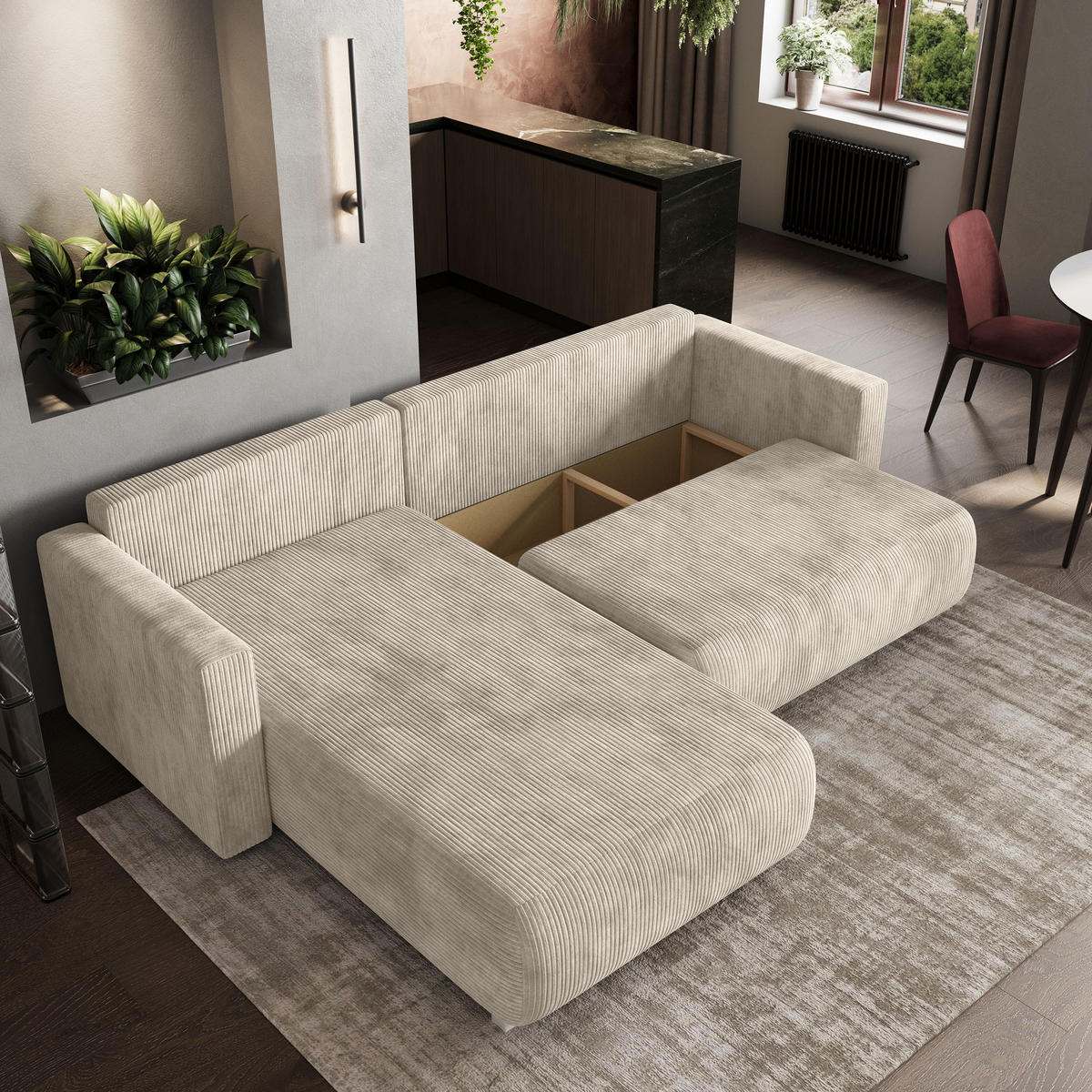 ECKSOFA TURIN P Creme Kordstoff mit Schlaffunktion - Creme/Grau, Holz/Kunststoff (265/183cm) - MASSENO