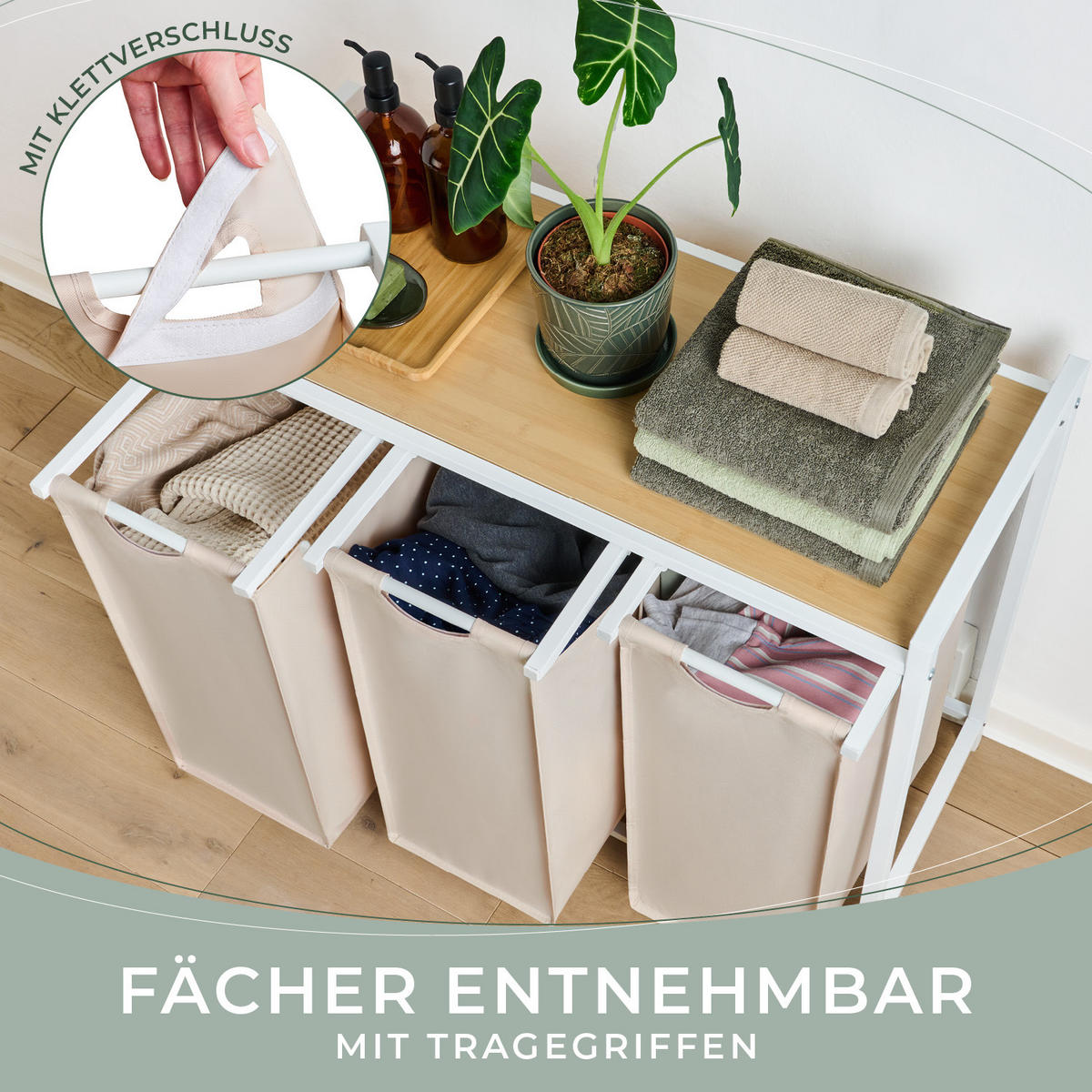 WÄSCHESAMMLER 3 Fächer Creme - Wäschekorb mit Ablage in Bambus-Optik - Wäschetrenner 3 Fächer - Creme, Textil (83.5/73/36cm) - Blumtal