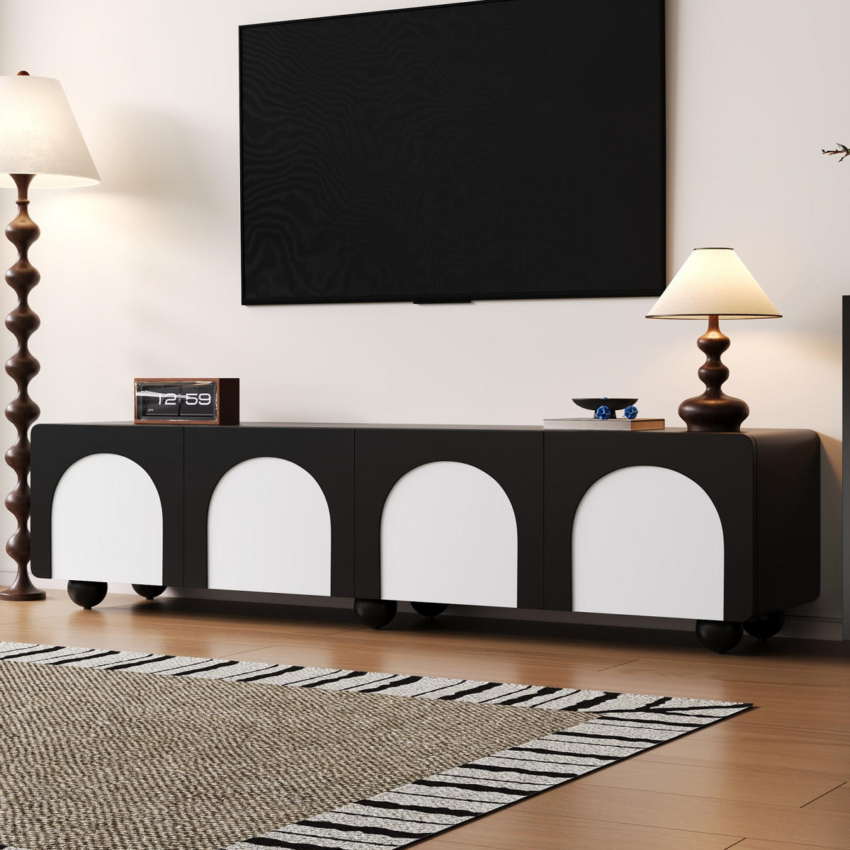 TV Lowboard 180 cm, 2 Schubladen, 2 Türen, Schwarz Weiß - Schwarz, Holz (180/45/38cm)