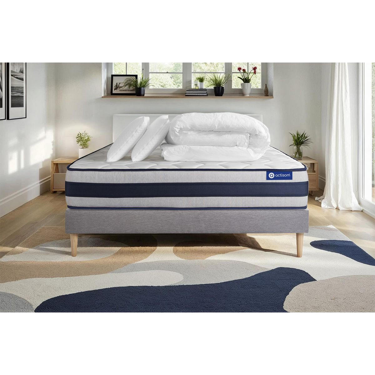 BETT Actiflex ergo Taschenfederkern und Memory-Schaum 160 x 200 cm h4 - Kit Bettgestell Grau - Mit Kissen und Bettdecke - Beige/Grau, Karton/Holz (160/200cm) - ACTISOM