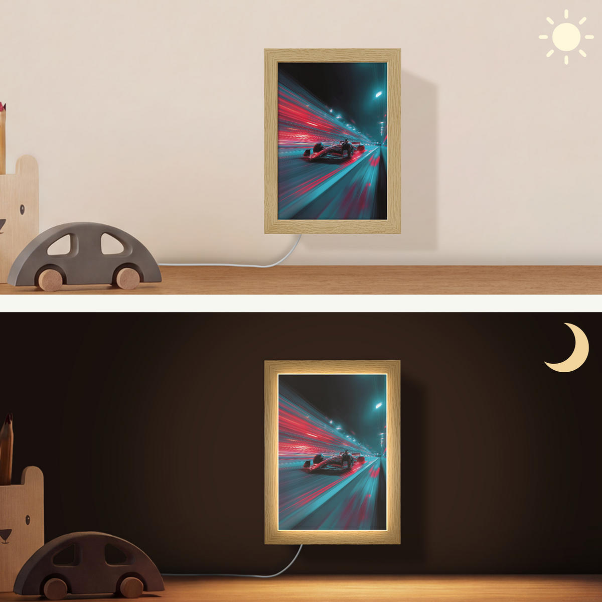 NÁSTĚNNÁ LAMPA Závodní auto - Červená - Rychlost 15x20 cm - tyrkysová, kompozitní dřevo (15/20/8cm) - OnlyWow