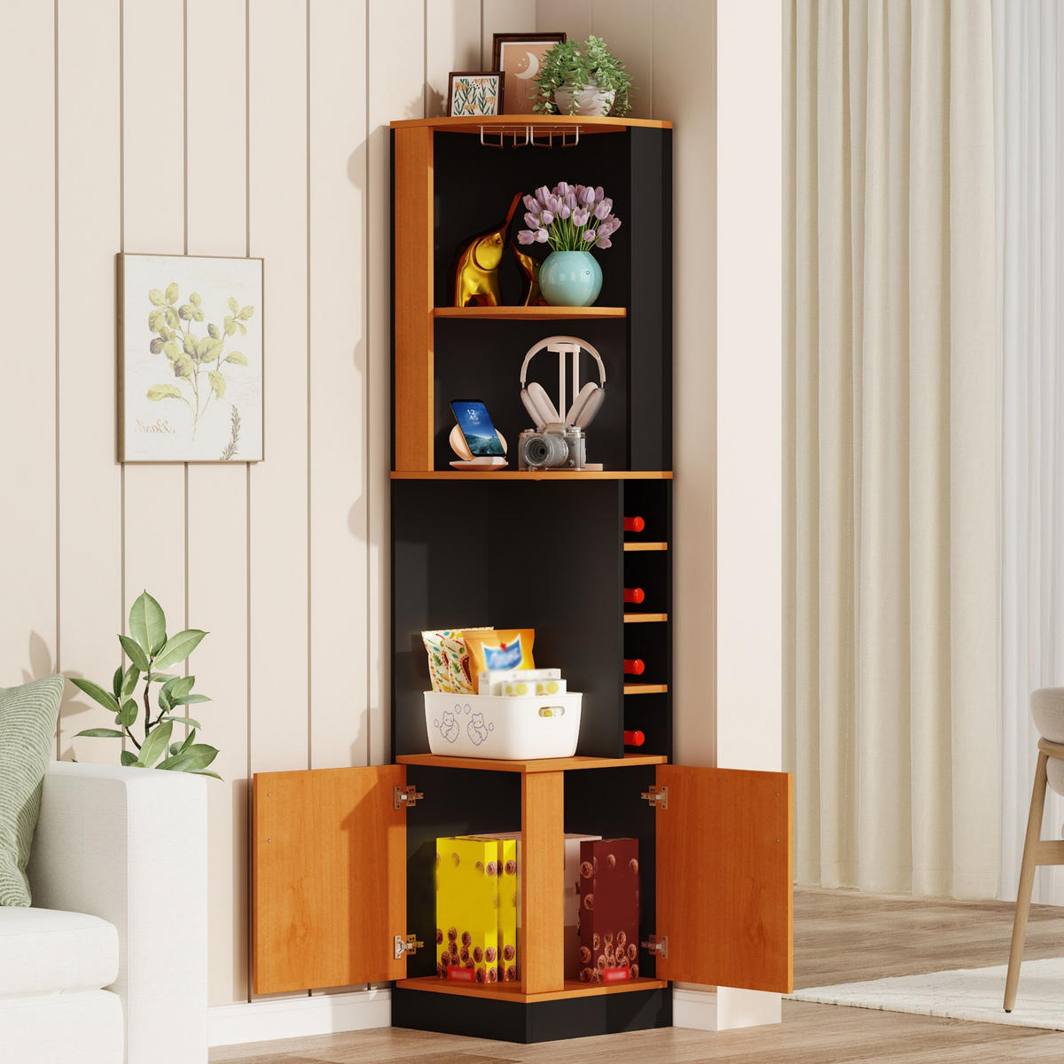 HIGHBOARD DE-38705 40/40/182 cm Weinglasregal und 4 Weinfächer Schwarz - Schwarz, Holzwerkstoff (40/182/40cm) - ComfortXL