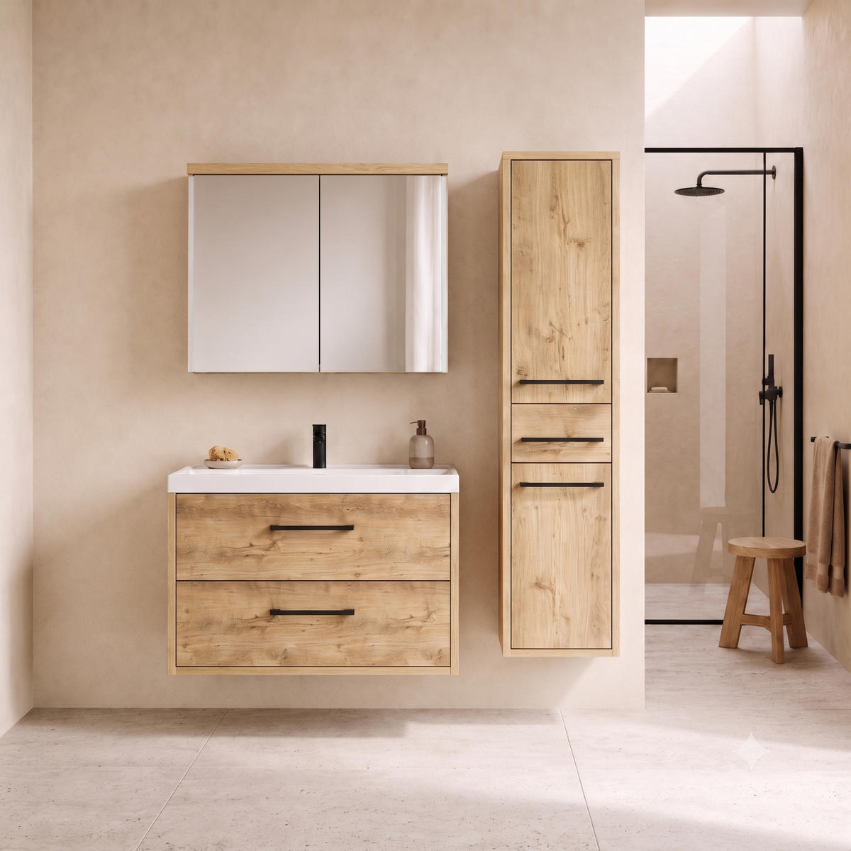 BADMÖBEL-SET Florence 3 Teile Kastanien Eiche - 80 x 40 x 51 cm - Eichefarben, Holz (80/51/40cm) - Badplaats