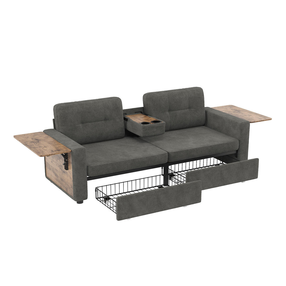 2-SITZER-SOFA mit Laptop-Tisch und Stauraum, DE-42611, Grau - Dunkelgrau, Metall (178/57.5/71cm) - ComfortXL