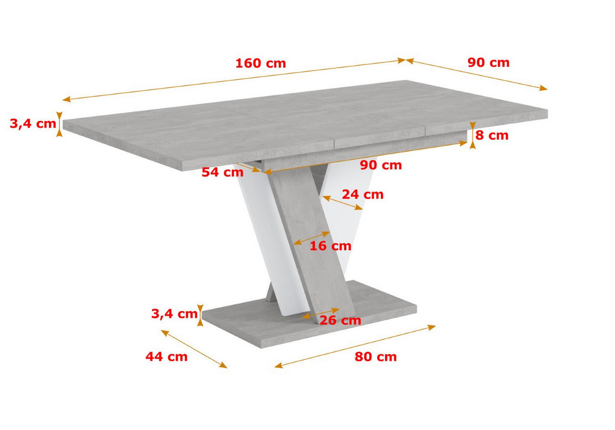 ESSTISCH ausziehbar 120 -160x90x75 cm - Betonoptik K350/Weiß - INEY - Weiß, Holzwerkstoff (120/90/75cm) - ALTDECOR