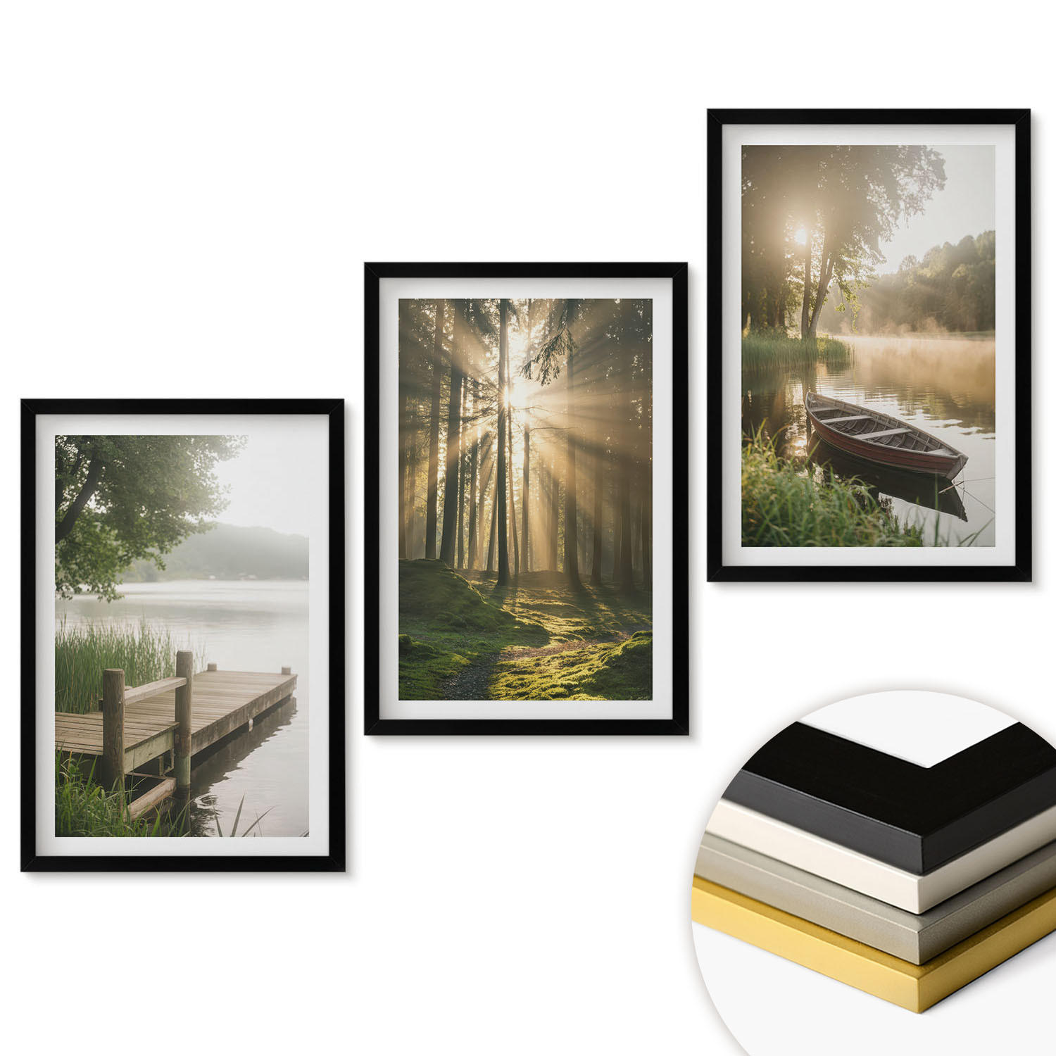 WANDBILDER 3er-Set - 40x60 cm Schwarzer Rahmen - See, Wald, Boot, Morgennebel - Schwarz, Kunststoff (40/60cm) - ArtPrintCave