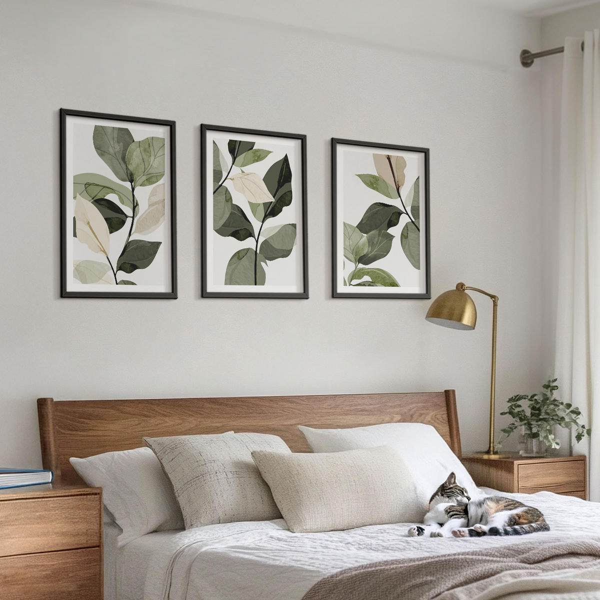 WANDBILDER 3er-Set - 40x60 cm Schwarzer Rahmen - Bemalte Boho-Pflanzenblätter - Schwarz, Kunststoff (40/60cm) - ArtPrintCave