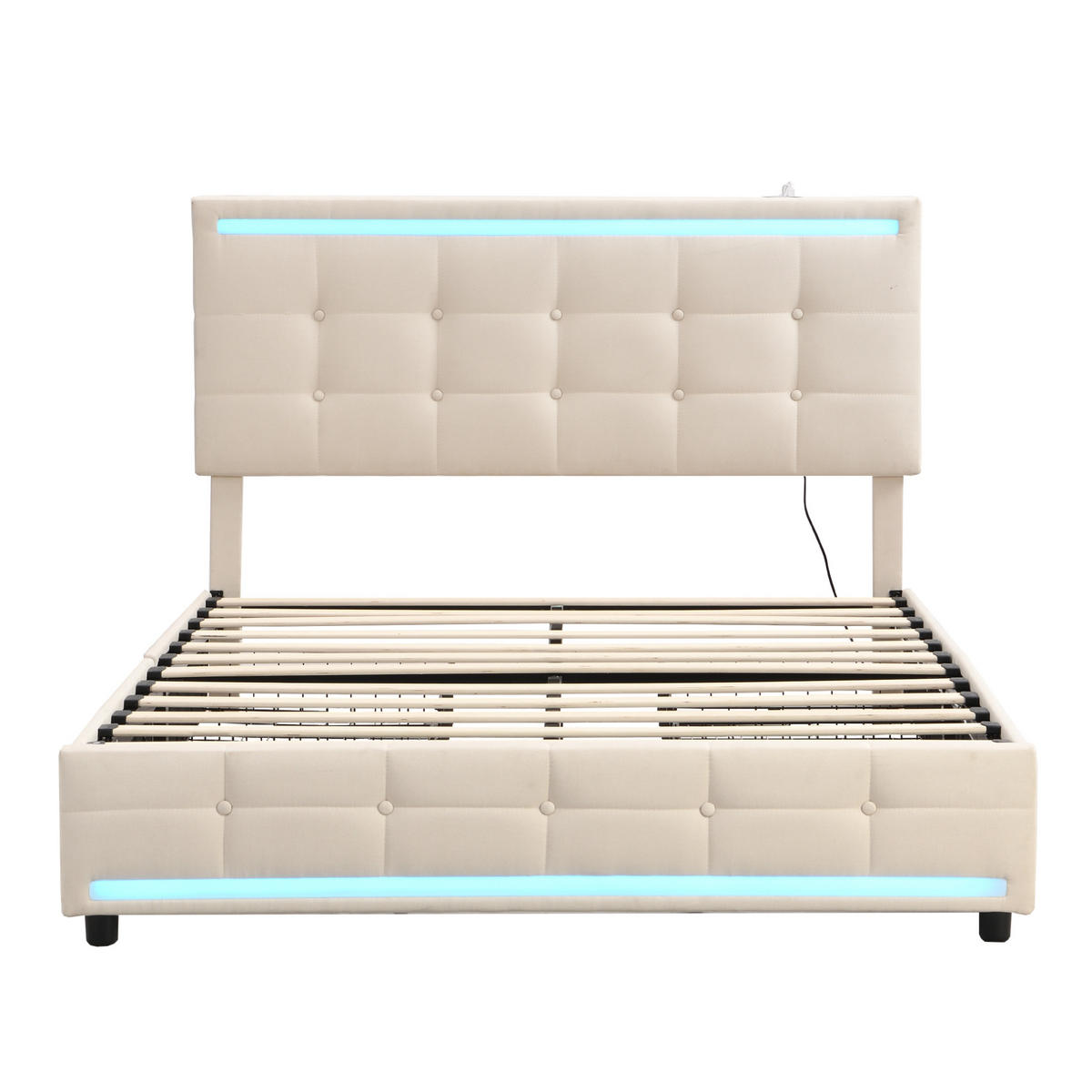 POLSTERBETT aus gepolstertem Bezug 140x200 cm Beige mit LED-Beleuchtung, 2 USB-Anschlüssen und 4 Schubladen - Beige, Textil (140/200cm) - Modfu