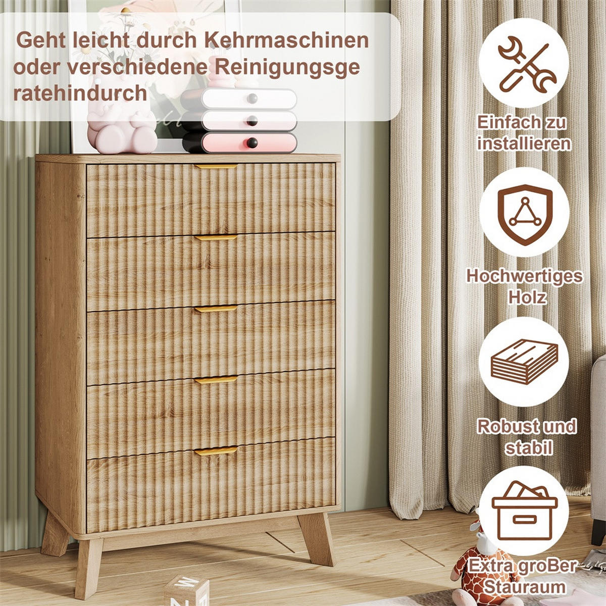 KOMMODE mit 5 Schubladen - geriffelte Fronten und goldene Metallgriffe - Eiche-Optik - Eichefarben, Holzwerkstoff (73/108/40cm) - DELFA