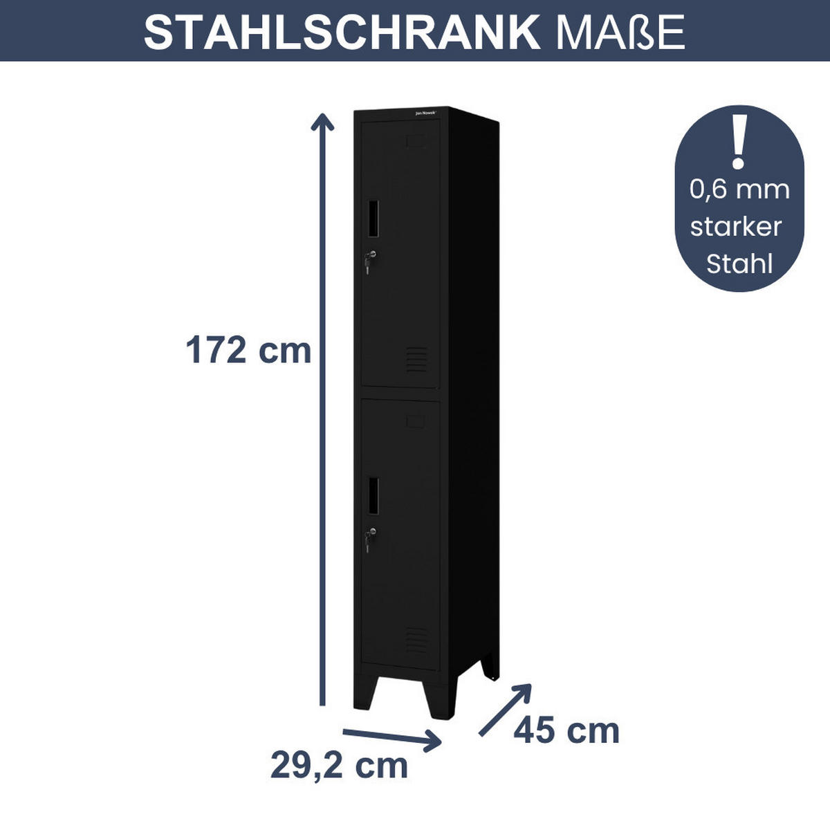 UMKLEIDESCHRANK Spind BARTEK 2 Abteile 172x29,2x45cm Schwarz - Schwarz, Metall (29.2/172/45cm) - Jan Nowak
