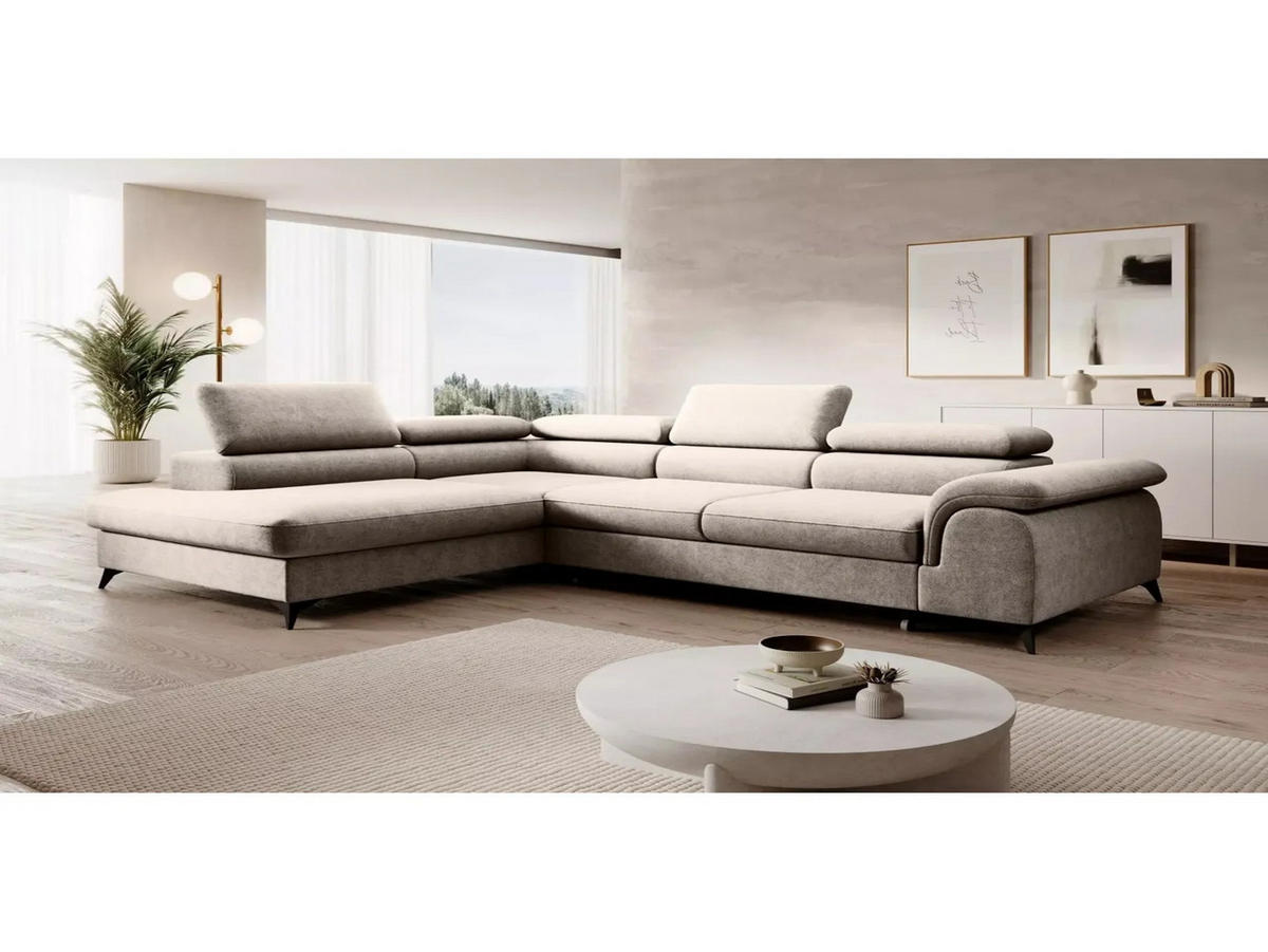 ECKSOFA PLAZA L Links mit Schlaffunktion 125x195 Velours Beige - Beige/Schwarz, Holz/Kunststoff (205/275cm) - Muffo