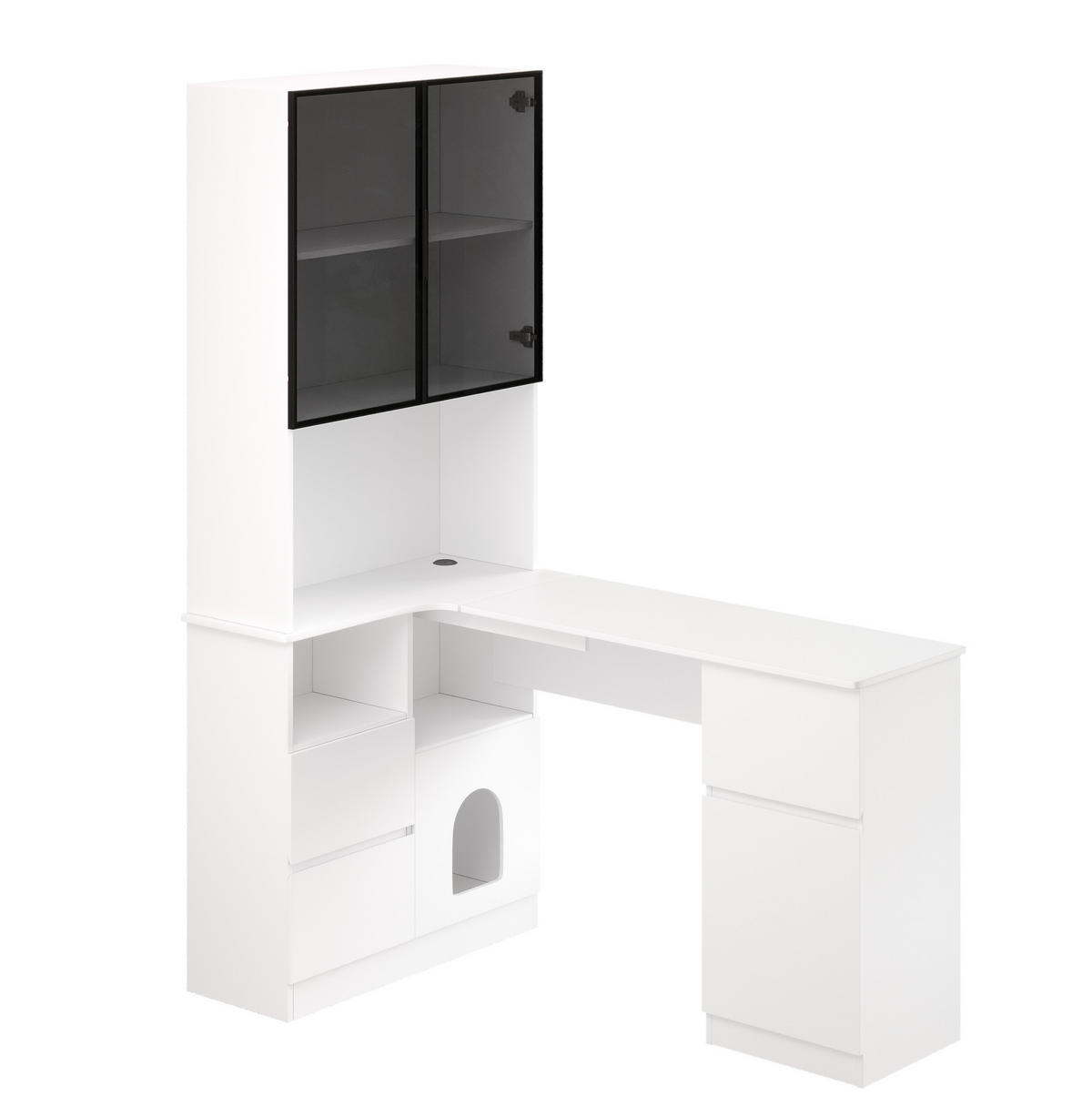 ECKSCHREIBTISCH 120/80/180 cm mit LED-Vitrine, Regal und 3 Schubladen - Weiß, Holzwerkstoff (120/180/80cm) - BEAOK