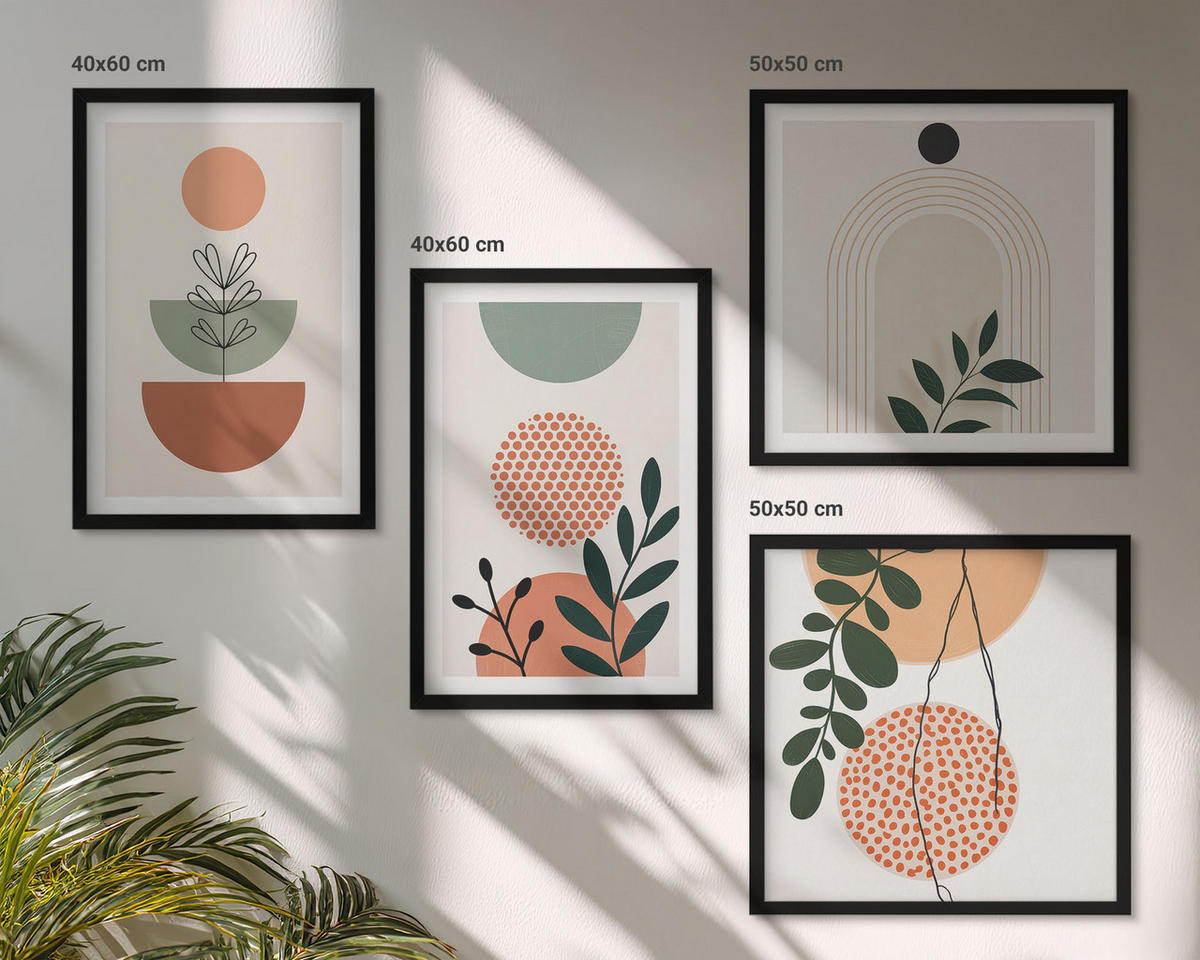 BILDER SET 4er Set - 50x50 cm & 40x60 cm Schwarzer Rahmen - Moderne Pflanzenmotive - Schwarz, Kunststoff (50/50cm) - TULUP