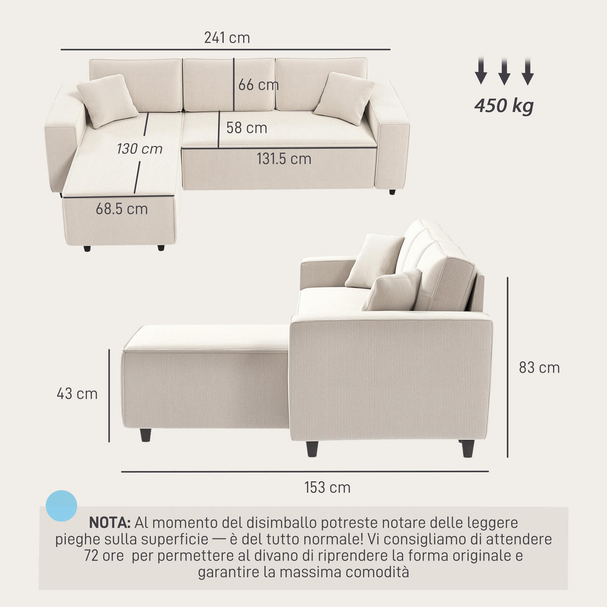 SOFA, 3-Sitzer, Samtoptik, Halbinsel, cremeweiß, 241x153x83cm - Multicolor, Holzwerkstoff (241/83/153cm) - FORIOUS