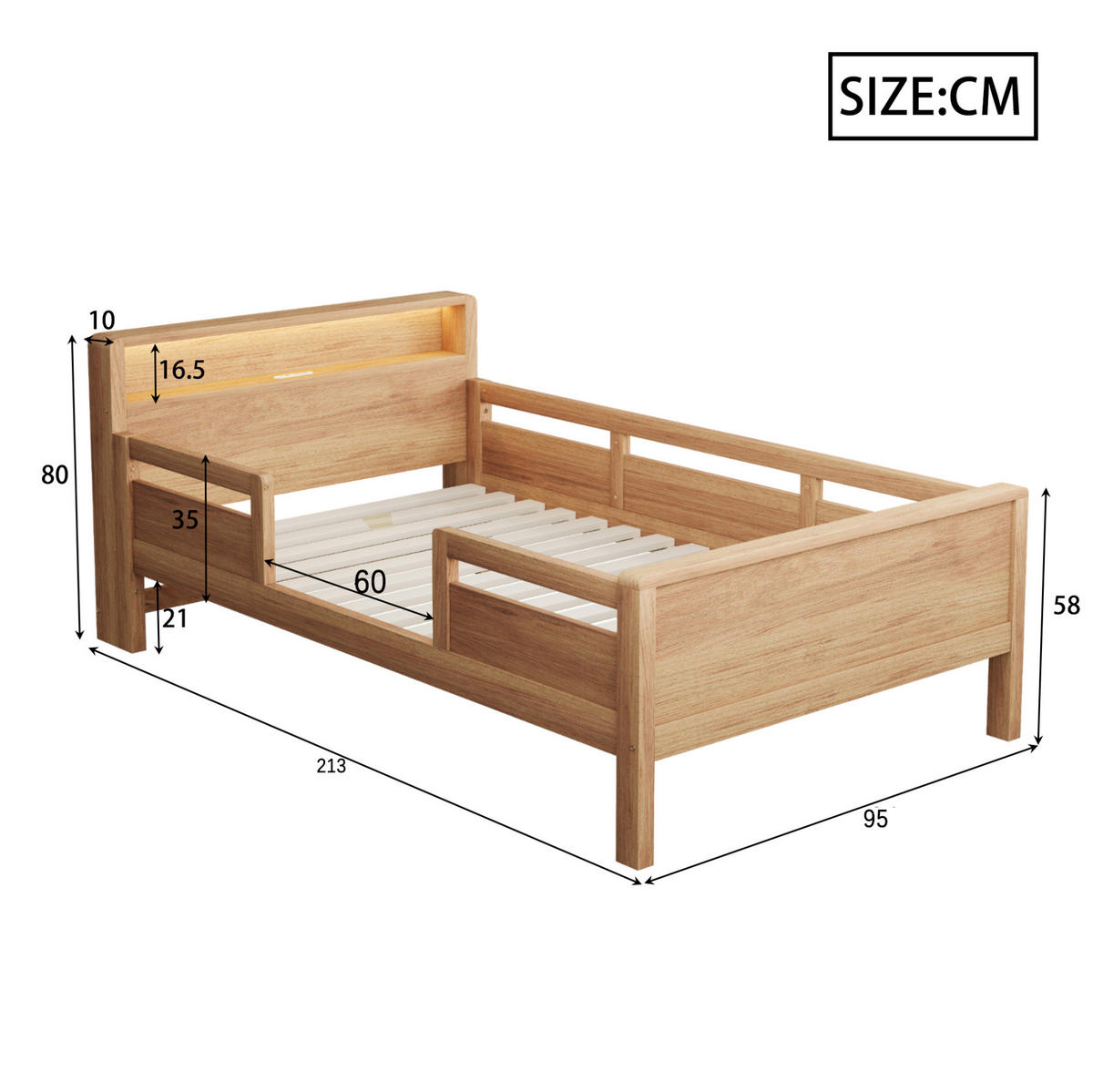 KINDERBETT 90x200 cm in Naturholz mit LED-Leuchte, USB- und Typ-C-Anschluss - Naturfarben, Holz (90/200cm) - IVMEU