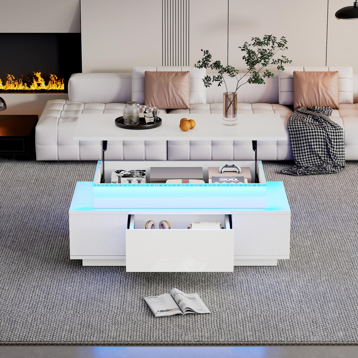 COUCHTISCH höhenverstellbar Weiß 96x45x40cm LED Stauraum - Weiß, Holzwerkstoff (96/45/40cm) - FLIEKS