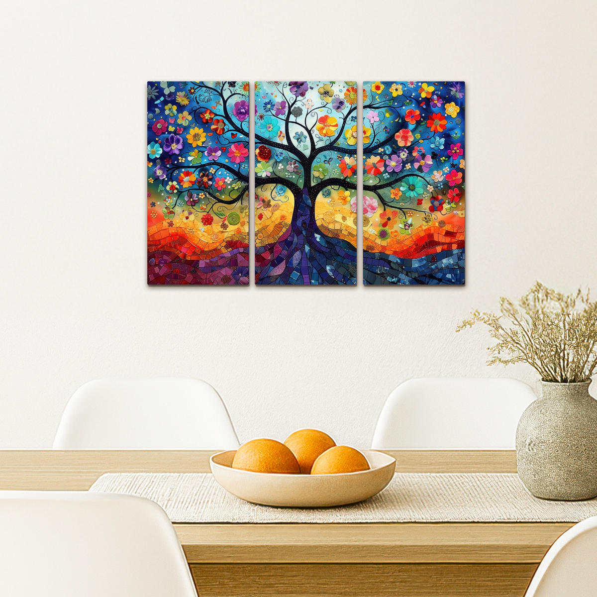 LEINWANDBILD 3er Set Bunt - Baum des Lebens - Blumen - Abstrakt 60x40 cm - Blau, Textil (60/40cm) - MuchoWow