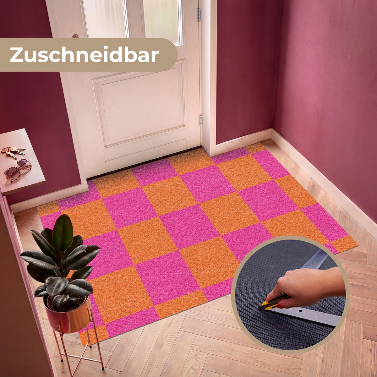FUSSMATTE Schachbrettmuster - Orange - Rosa - Blöcke Schmutzfangmatte 180x120 cm - Pink, Kunststoff (180/120cm) - MuchoWow