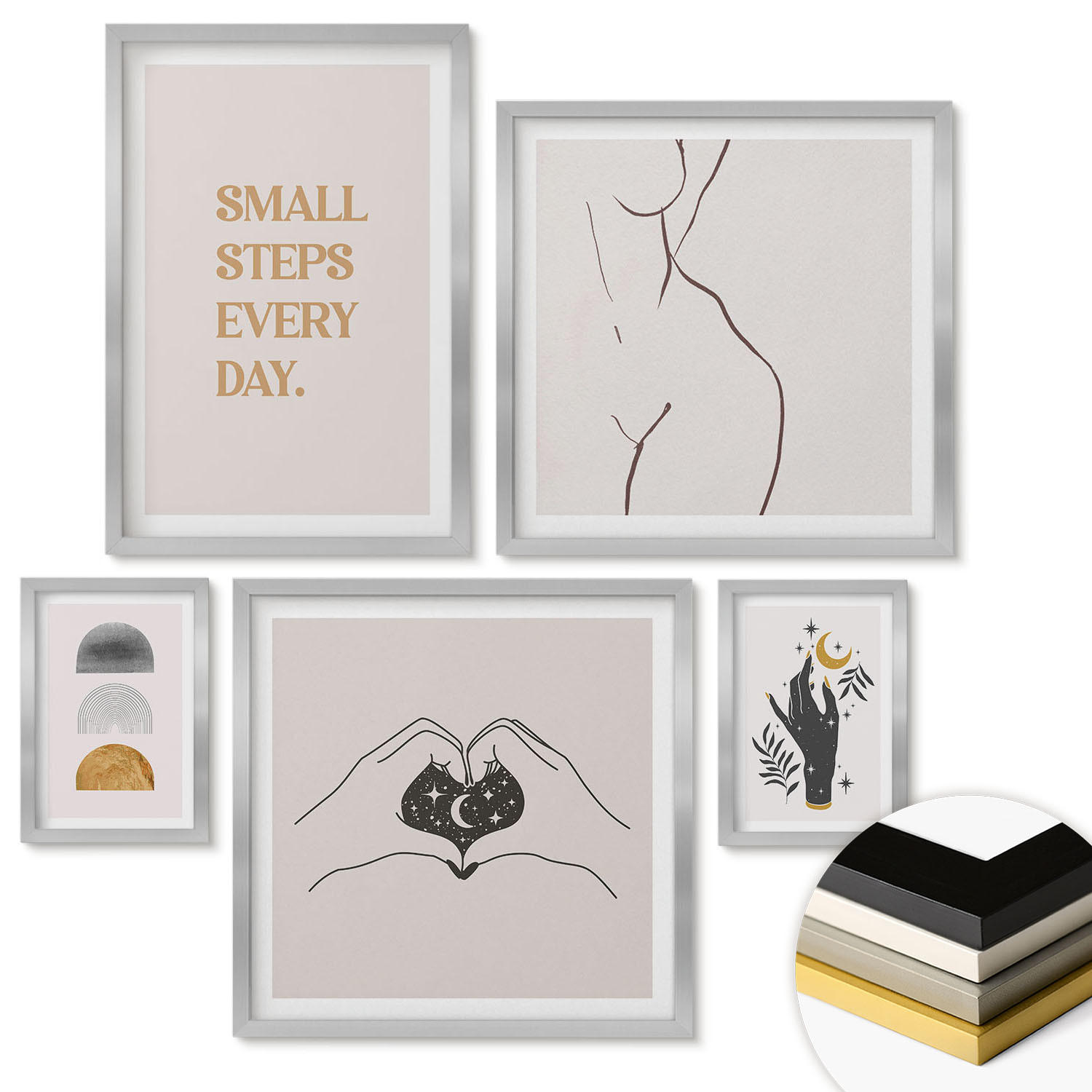 WANDBILDER 5er Set - 50x50 cm & 20x30 cm & 40x60 cm Silberner Rahmen - Abstrakte Blumen aus Marmor - Silberfarben, Kunststoff (40/60cm) - ArtPrintCave