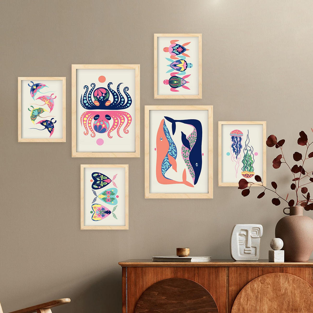POSTER Set Mit 6 Kreaturen Frames 2 In Tiere Abstracts Ästhetische Dekorative Gemälde Für Ihr Wohnzimmer Zuhause A3 & A4 Rahmen Aus Hellem Holz - Beige, Papier (29/3cm) - Nacnic