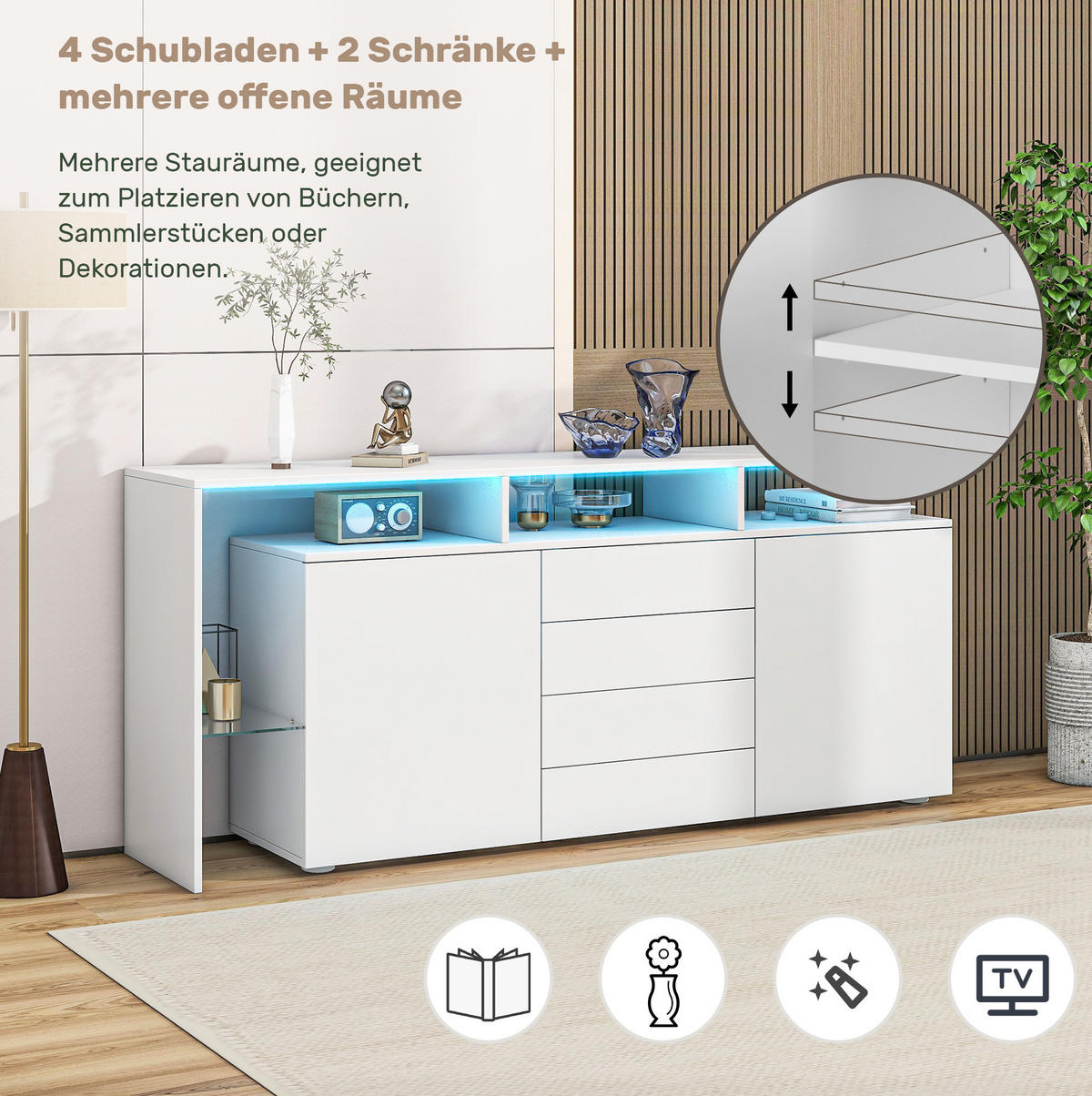 SIDEBOARD 160/35/70 cm weiß aus Spanplatte mit LED - Weiß, Holzwerkstoff (160/70/35cm) - OKWISH
