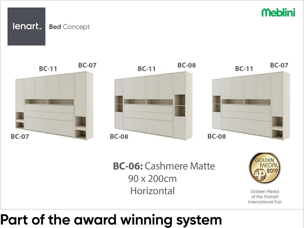 SCHRANKBETT BC-06 - 90x200cm Horizontal - Kaschmir mit Matratze - Kaschmir, Holzwerkstoff (200/90cm) - Meblini