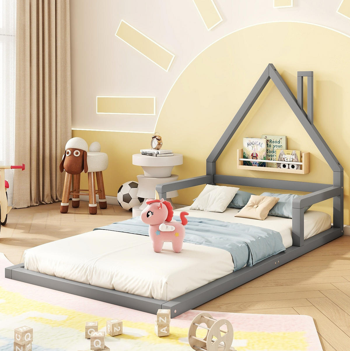 KINDERBETT 90/200 cm in Hausform aus Kiefernholz und MDF, Grau - Grau, Holz (90/200cm) - BEAOK