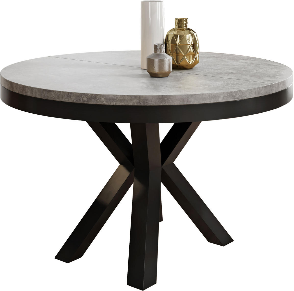 ESSTISCH Clara runder ausziehbarer, Grauer Beton 100-180/100/76 cm - Hellgrau/Schwarz, Holzwerkstoff/Metall (100/100/76cm) - WFL GROUP