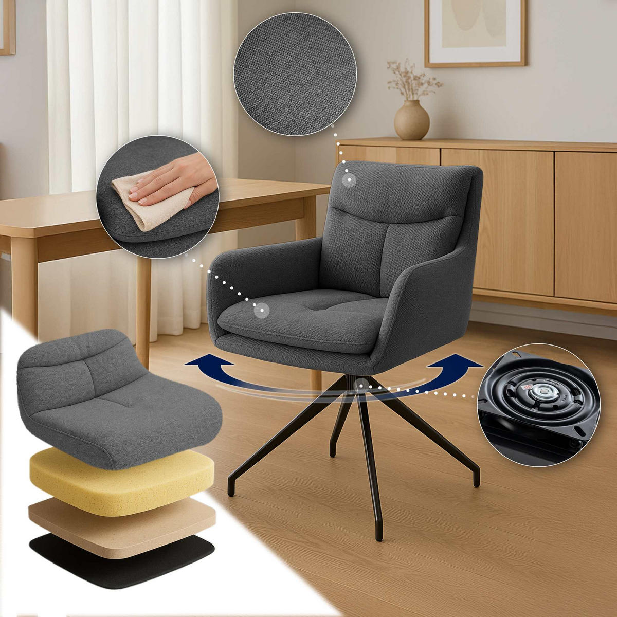 ESSZIMMERSTUHL 2er Set Stoff Dunkelgrau - Dunkelgrau, Textil/Metall (57/83/62cm) - CLP