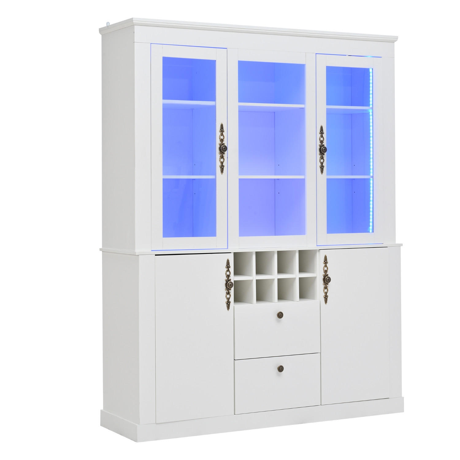 KÜCHENSCHRANKMIT LED-BELEUCHTUNG 130/170,5/37,5 cm Spanplatte, Glas Weiß, 8 WEINREGALE, Wohnzimmerschrank - Weiß, Holzwerkstoff (37.5/170.5/130cm) - Rolipo