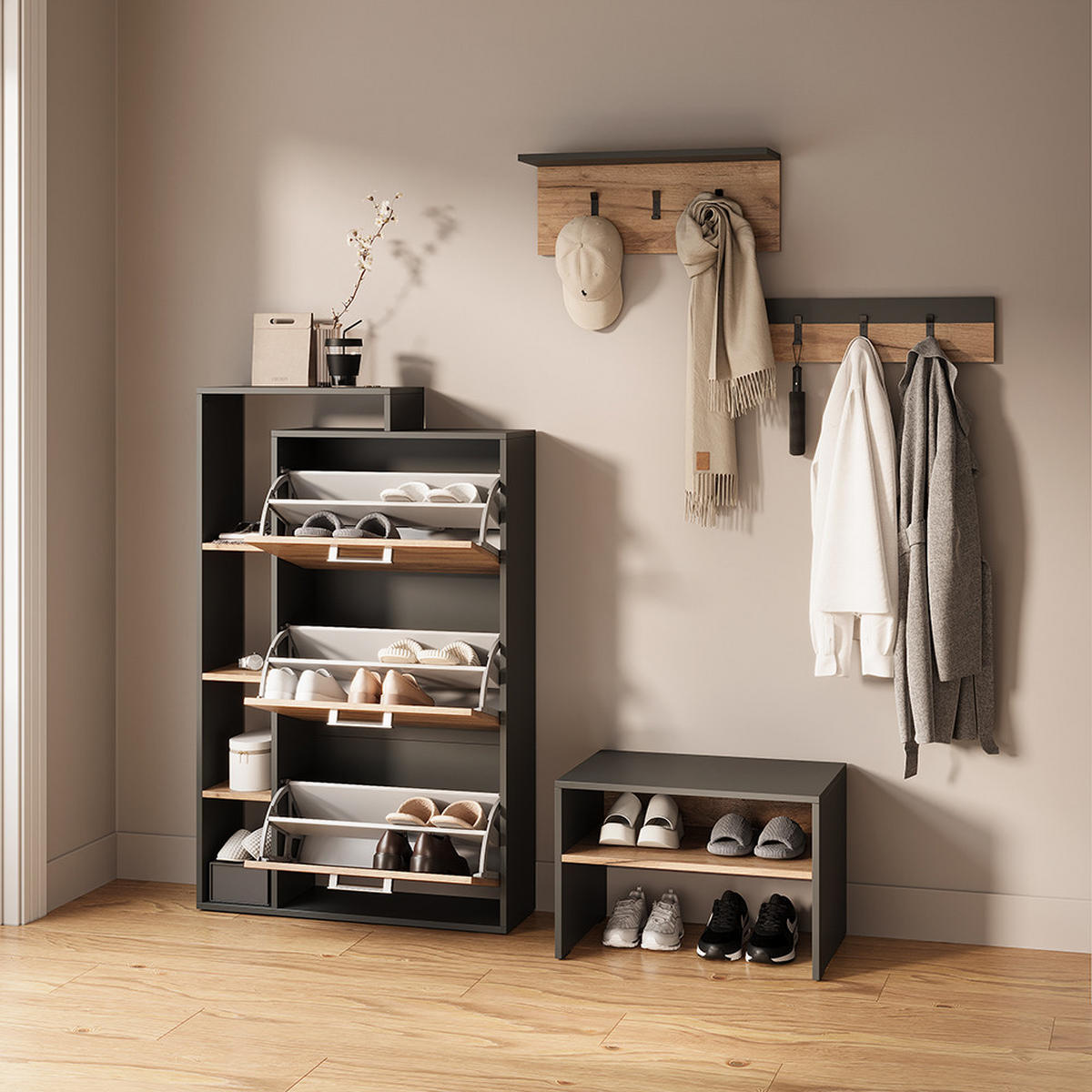 SCHUHKIPPER Ortello Goldkraft Eiche/Anthrazit 80 x 128.3 cm mit 3 Fächern - Honigeiche/Anthrazit, Holzwerkstoff (80/128.3/24.2cm) - Livinity®