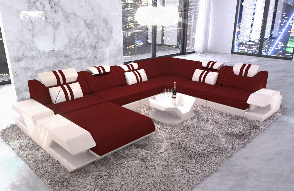 WOHNLANDSCHAFT Venedig Dunkelrot Weiß Mikrofaserstoff - Dunkelrot, Kunststoff (373/80/288cm)