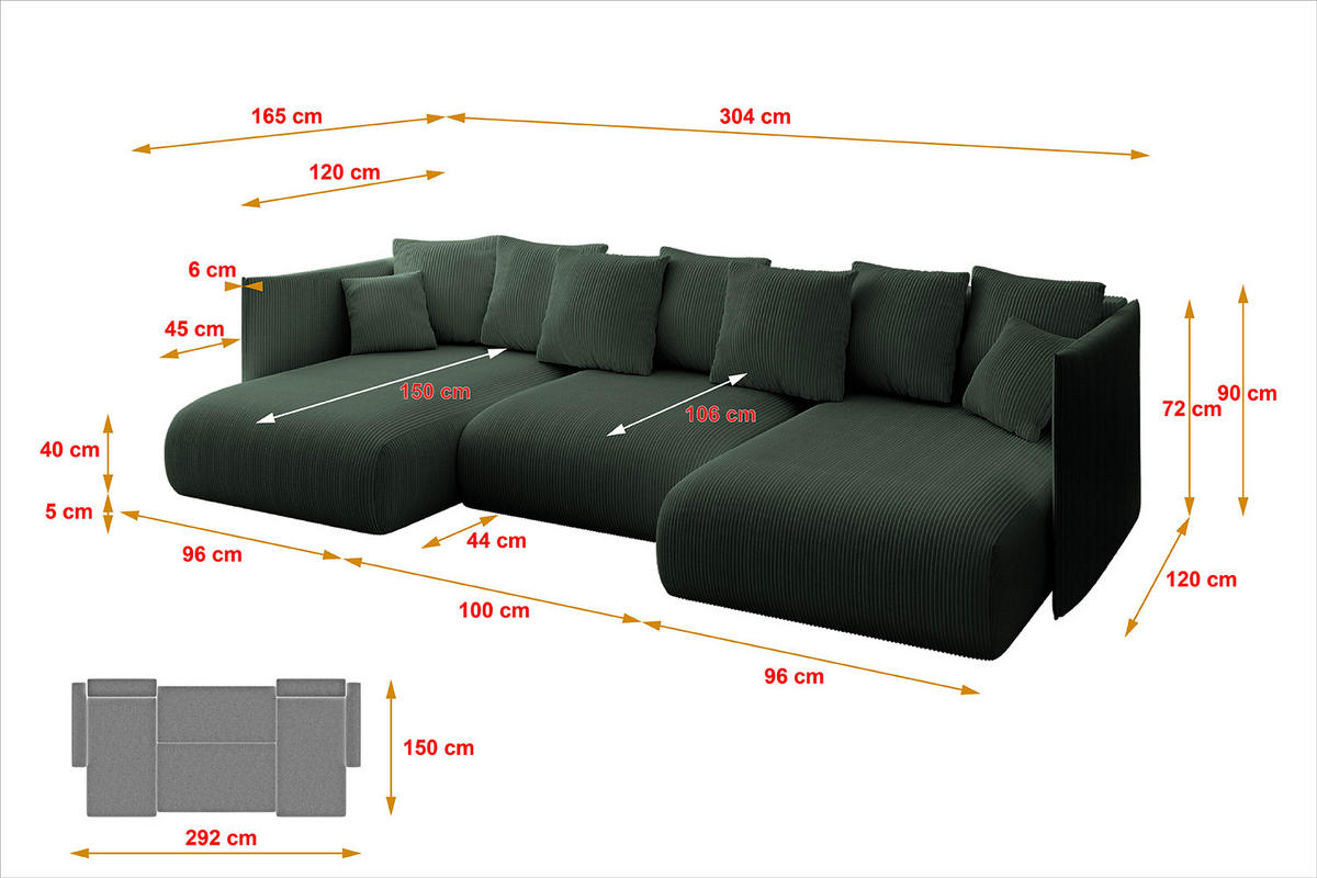 WOHNLANDSCHAFT mit Schlaffunktion und Bettkasten ONESK-U 304x165x40 Grün Cord - Grün, Holzwerkstoff/Kunststoff (304/90/165cm) - ALTDECOR