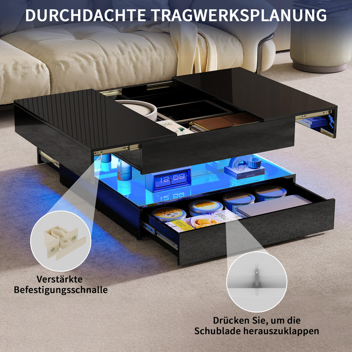 COUCHTISCH 78x78 cm mit RGB-LED & 2 Schubladen, Schwarz Hochglanz - Schwarz, Metall (78/78/43cm) - EuroLiving