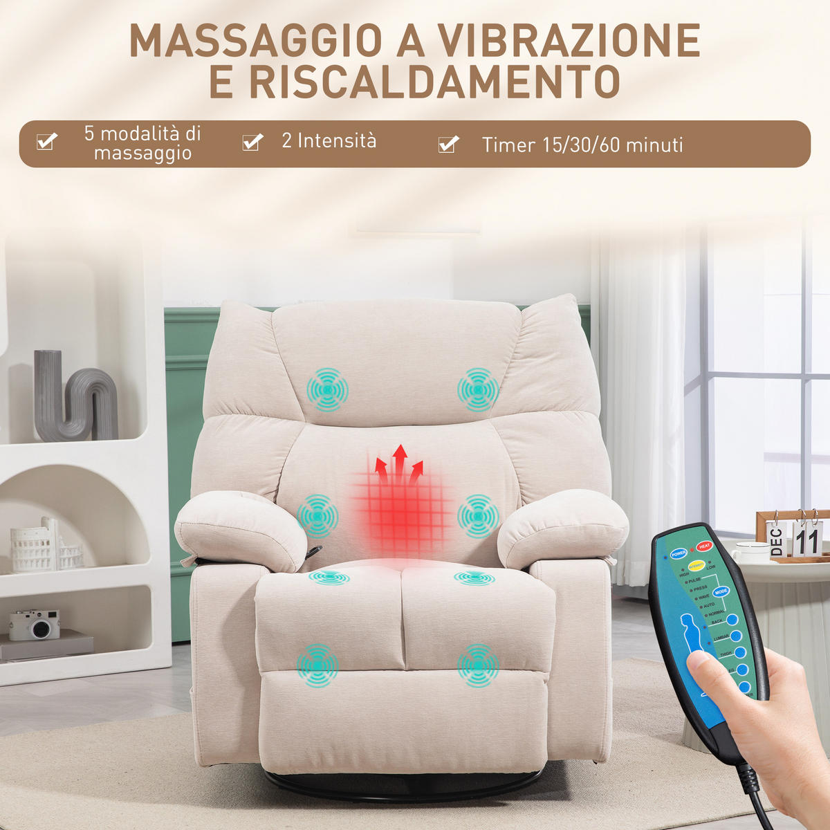 MASSAGESESSEL,FUSSSTÜTZE Massage-Heizfunktion 5 Programme 8 Vibrationspunkte,beige - Beige, Leder (90/98/98cm) - Vallsero