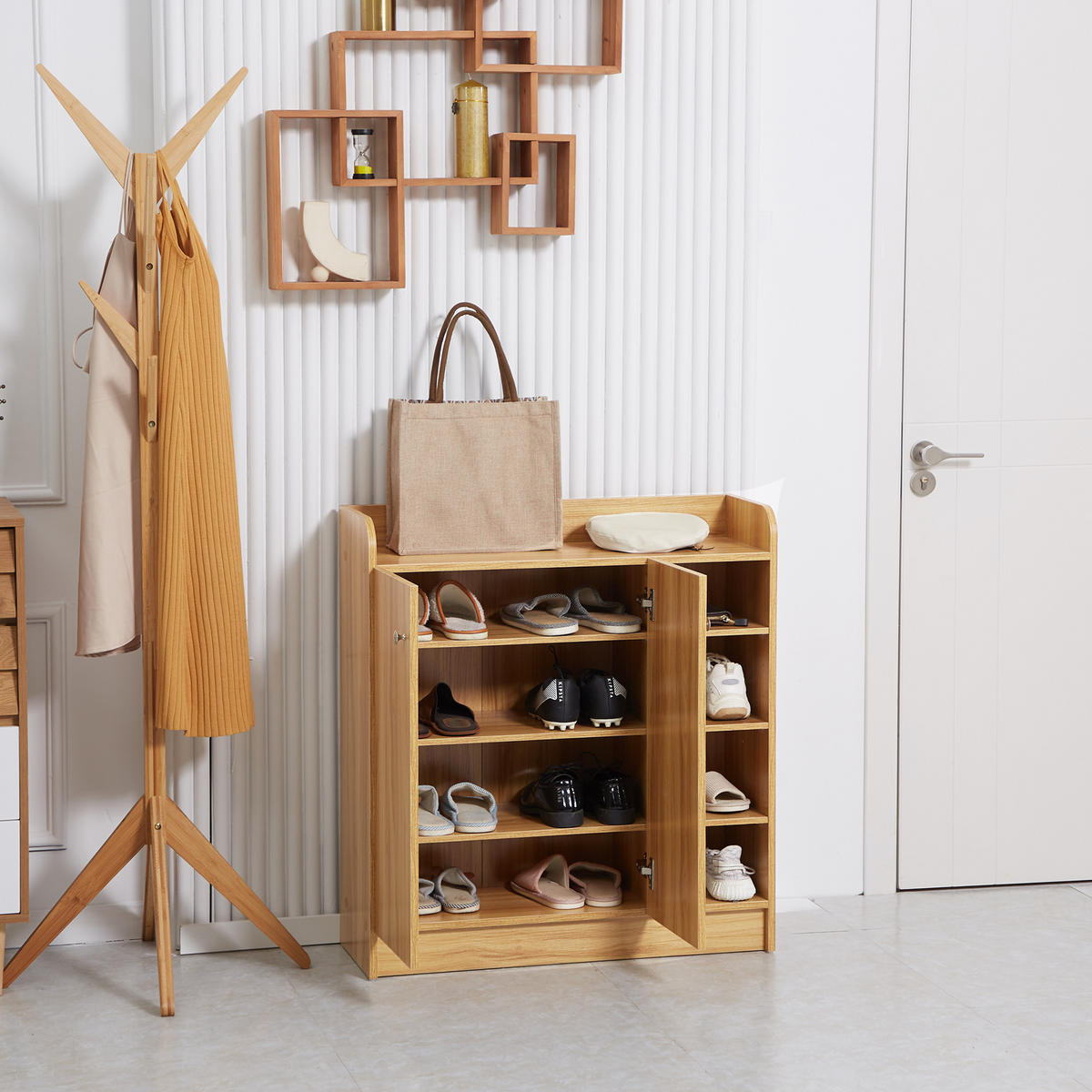 SCHUHSCHRANK DE-15012 4 offene Fächer & Doppelschrank Weiß - Braun, Holzwerkstoff (83/90/30cm) - ComfortXL