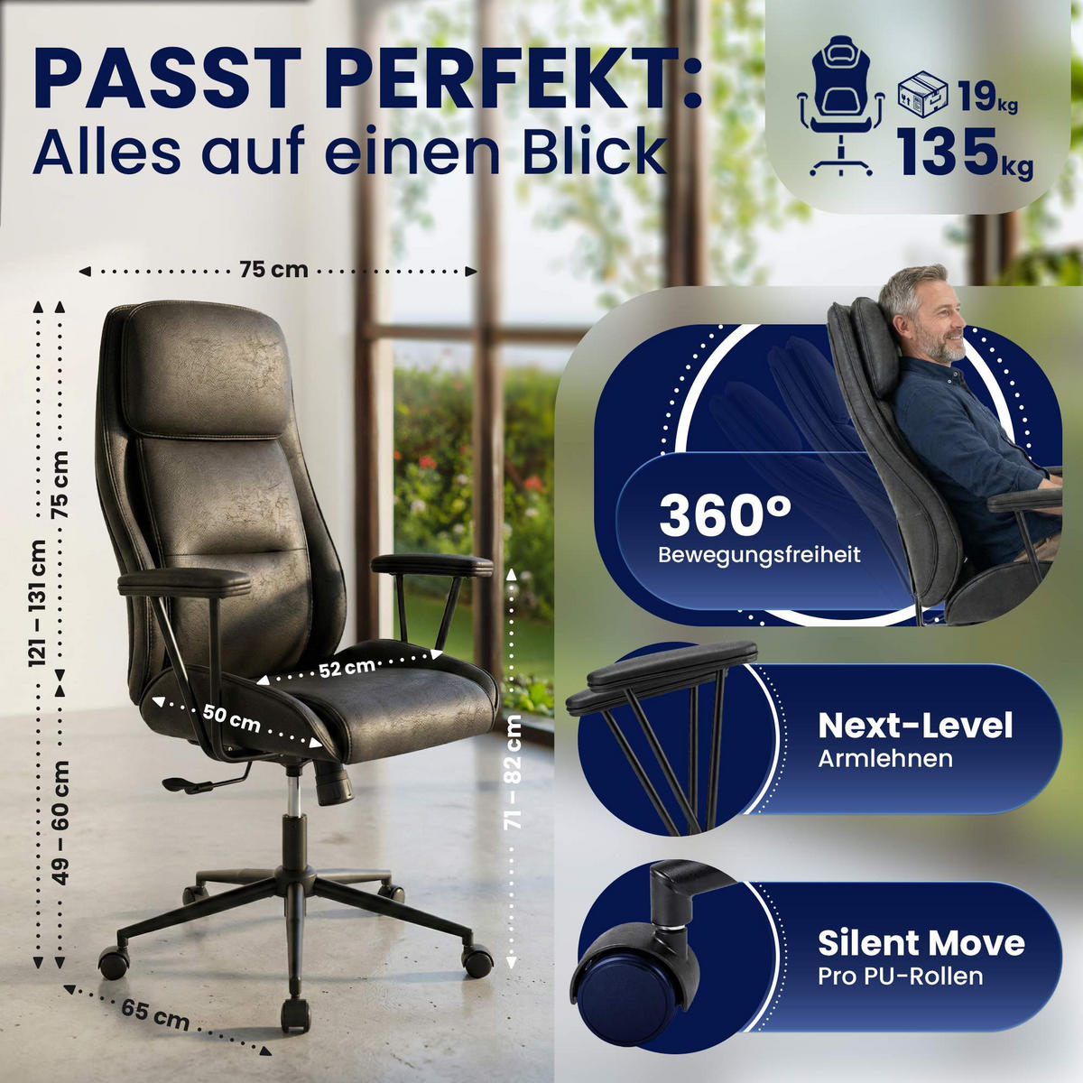 CHEFSESSEL Lederlook Antik Schwarz - Schwarz, Textil/Metall (75/121/65cm) - CLP