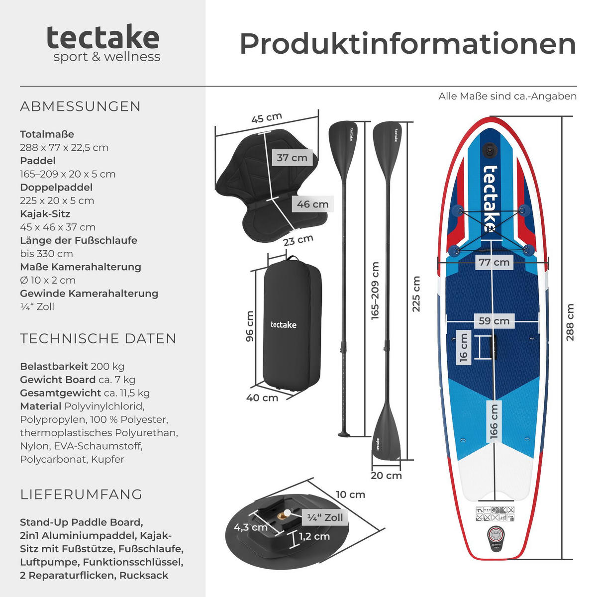 STAND-UP PADDLE BOARD Poseidon, Belastbarkeit 200 kg, inklusive Kajak-Sitz, rot/blau - Rot, Kunststoff (288/77/0.23cm) - tectake