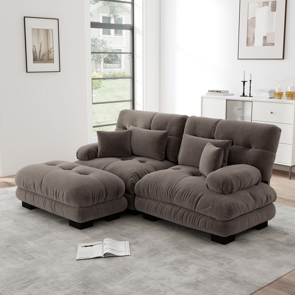 ECKSOFA mit modularer Ottomane, breiten Armlehnen und Deko- sowie Lendenkissen, Braun - Braun, Textil (220/145cm) - Redom