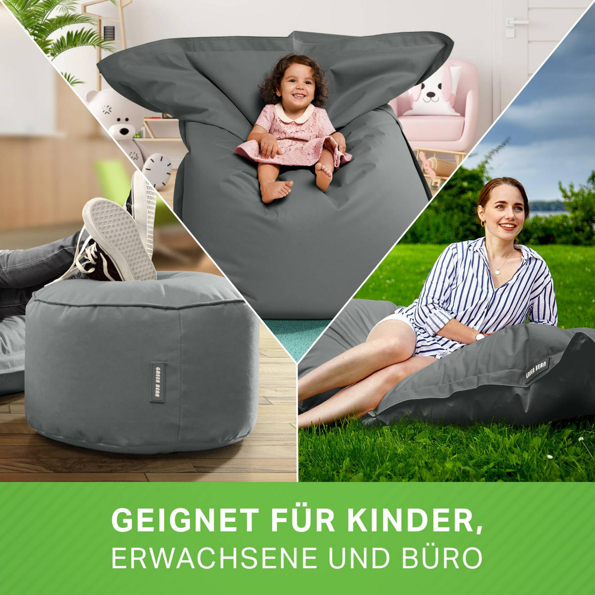 XXL-SITZSACK + Pouf 2er Set - 140x180cm - Grau, Textil (140/25/180cm) - Green Bean