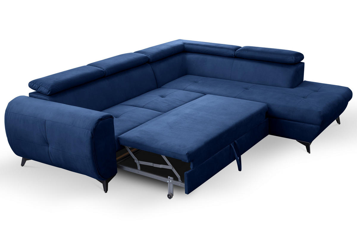 ECKSOFA MAGIA R-S Dunkelblau Plüsch-Stoff mit Schlaffunktion - Dunkelblau, Holz (260/217cm) - MASSENO