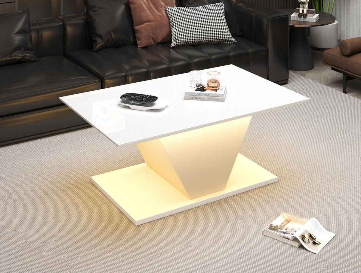 COUCHTISCH, V‑Form, weiß mit Hochglanz-Tischplatte und steuerbarer LED-Beleuchtung, 100/50/46 cm,weiß - Weiß, Holzwerkstoff (100/50/46cm) - Redom