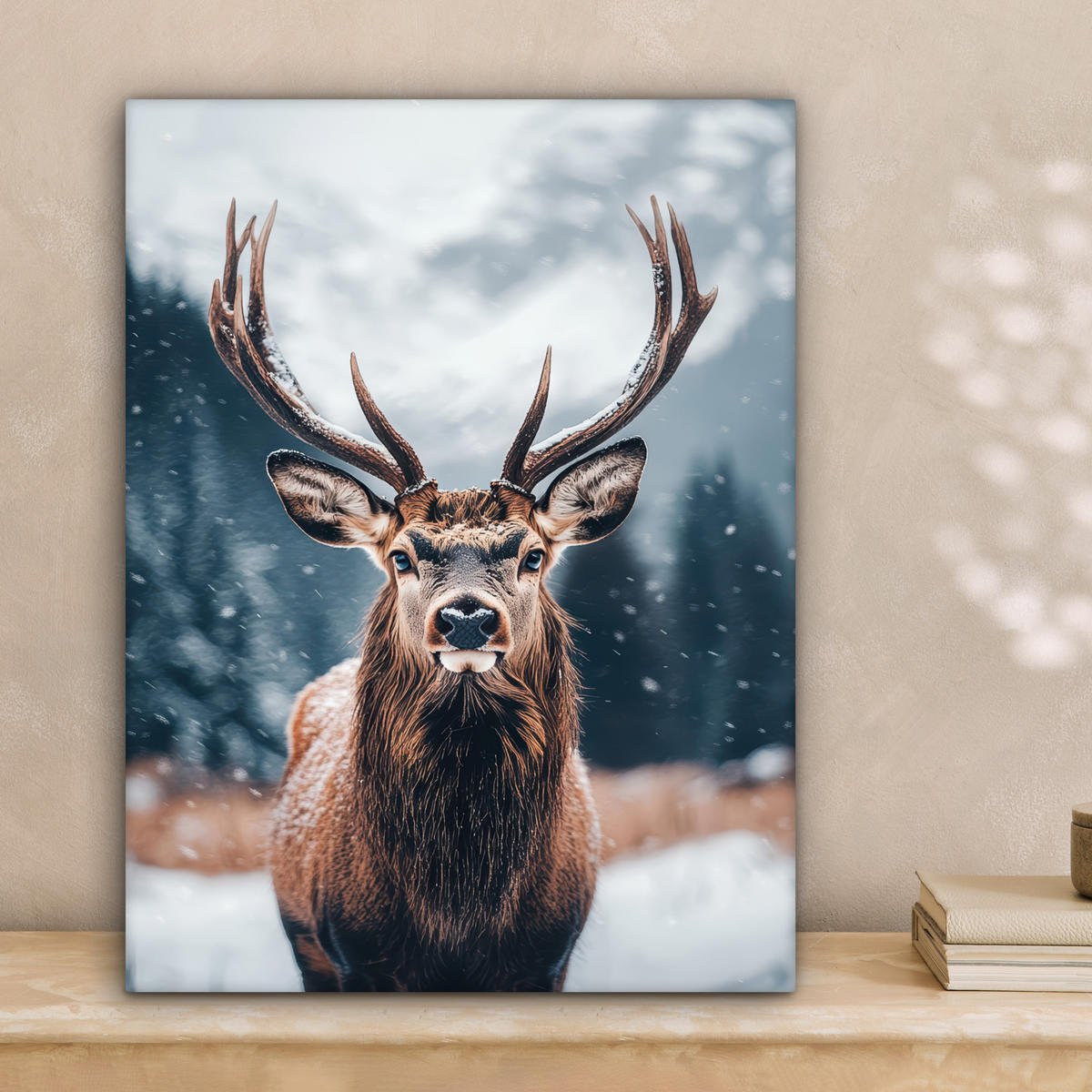 LEINWANDBILD Hirsche - Tiere - Landschaft - Winter - Schnee 30x40 cm - Kastanienfarben, Textil (30/40cm) - MuchoWow